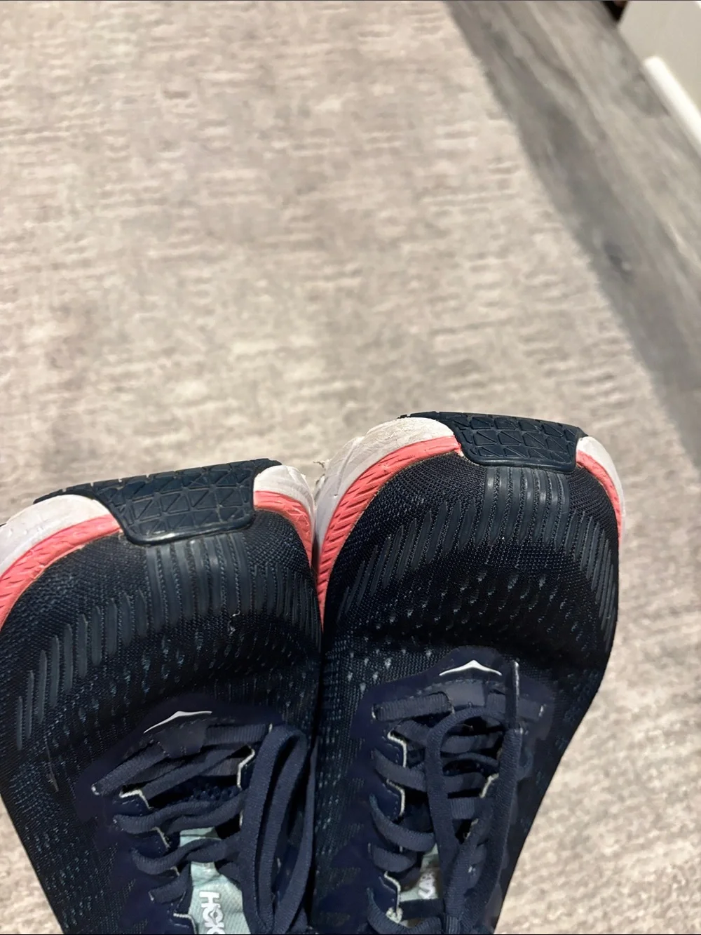 Hoka Navy Running Shoes with Orange and Coral Trim size 9.5
